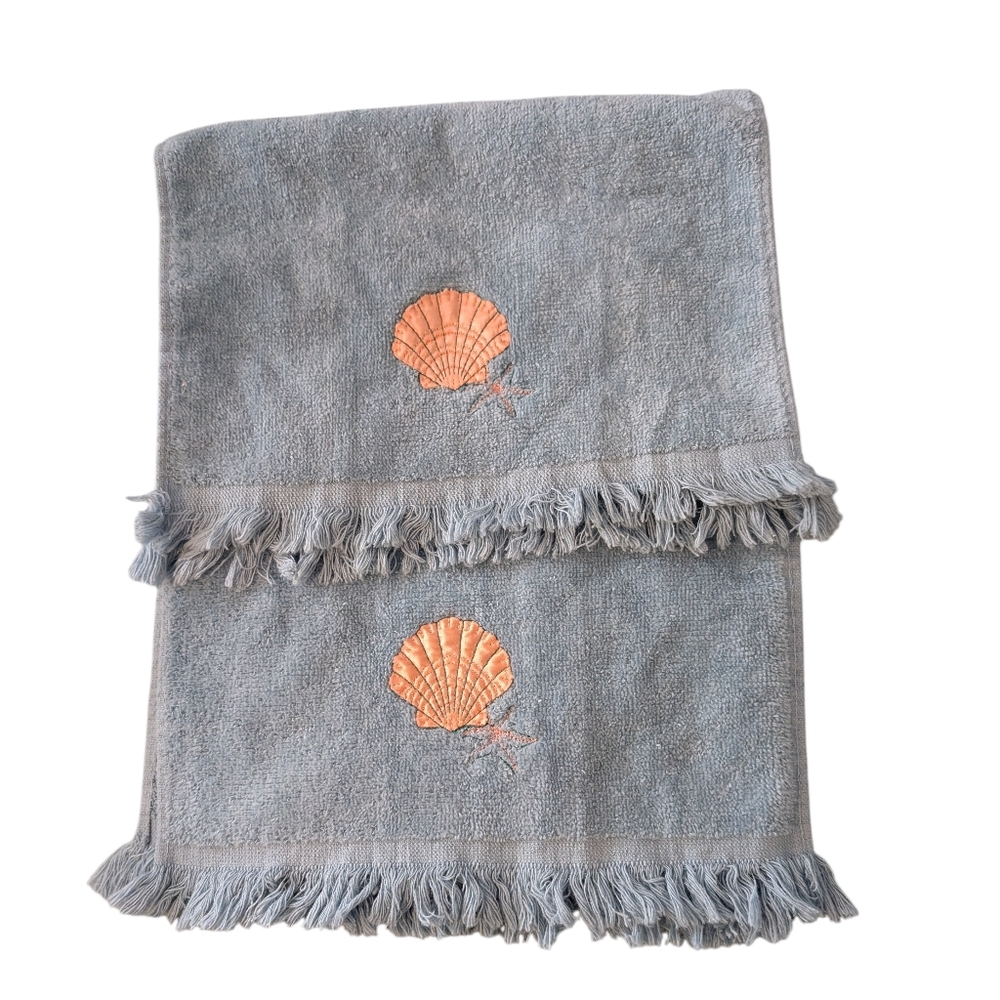 Cannon Vintage Royal 2pc Set Blue Cotton Embroideredβ Satin Seashell Hand Towels
